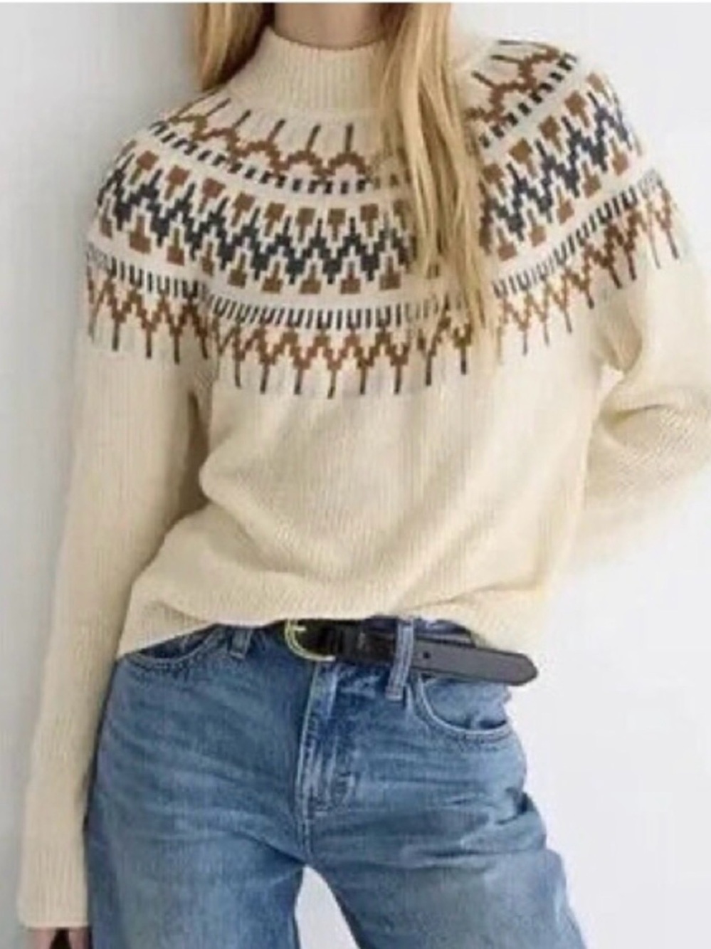 J. Crew Cream Fair Isle Yoke Mockneck Sweater Sz M Preppy Wool Blend Cabincore